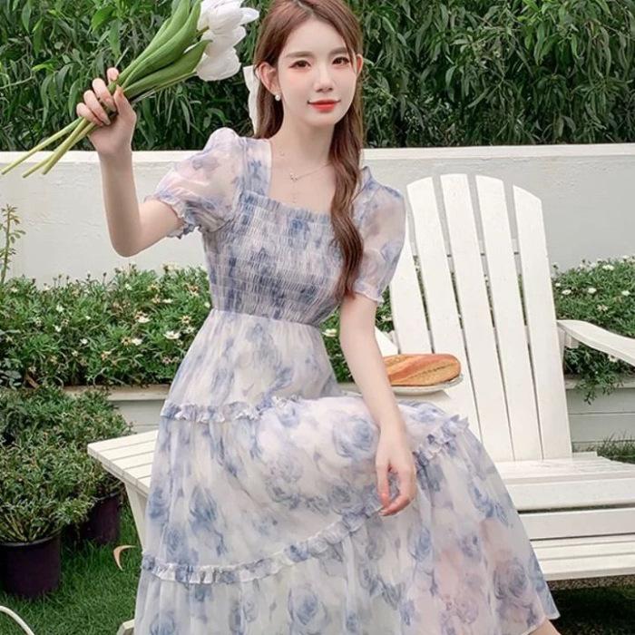 New floral new French retro waist dress women's autumn thin long dress super fairy skirt