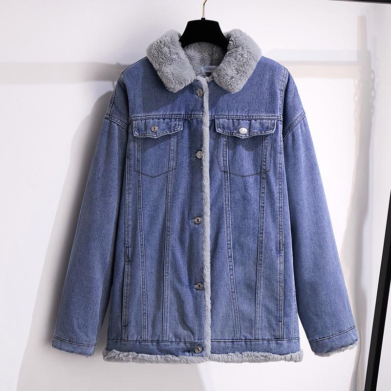 

Extra Large Winter Plus Velvet Denim Jacket - Thickened Casual Cotton Coat for Sizes 200/300 Jin 3XL синий