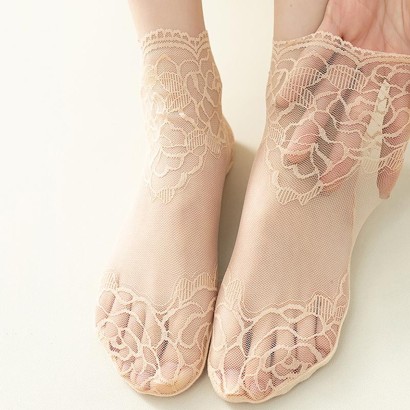 Socks Women's Lolita Lace Fashion Transparent Invisible Thin Cotton Non-Slip Short Ankle Black White Print Ruffles Boat Sock