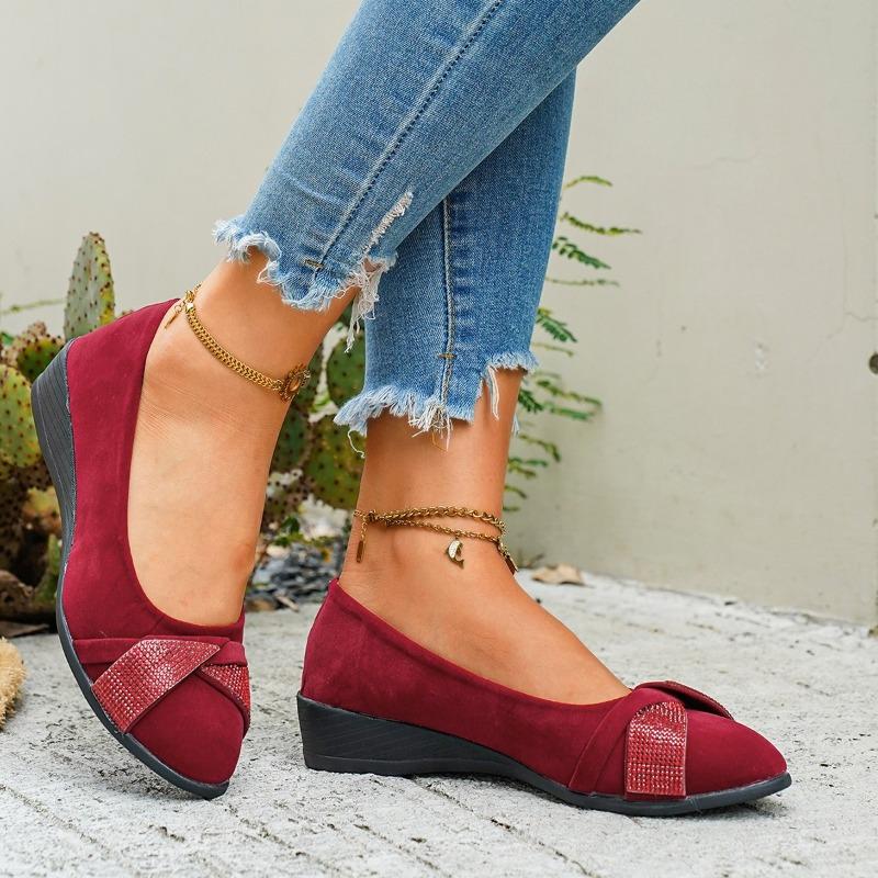 Women's Wide Width Crystal Embellished Loafers - Round Toe Low Wedge Slip-On Flats for Mature Women, Comfort Casual Shoes