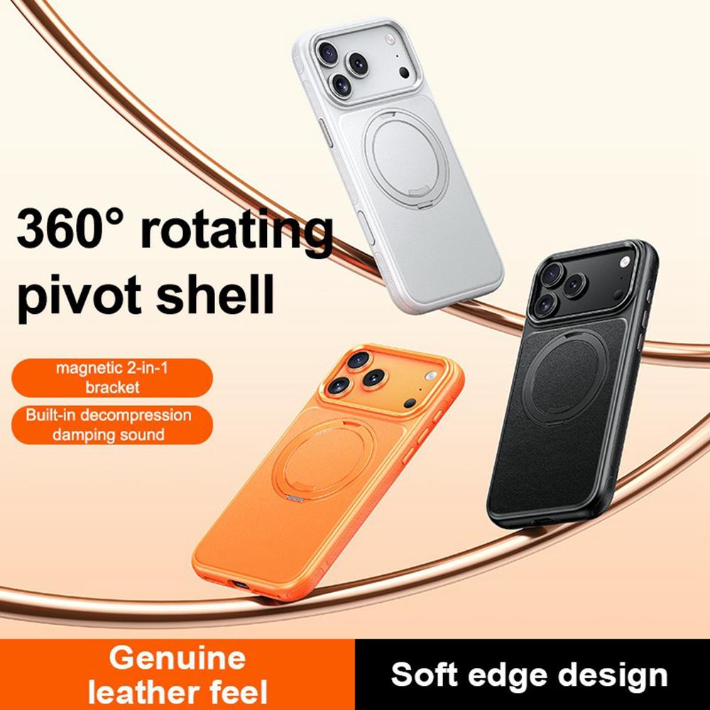 For iPhone 17 Pro Case Compatible with MagSafe Rotating Kickstand Litchi Texture PC TPU Phone Cover