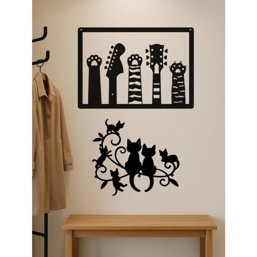 Vintage Guitar & Cat Metal Wall Art Decor Set, Two-Piece Sculpture for Modern Home Accent, Living Room, Bedroom, Waterproof Rustproof Iron Art