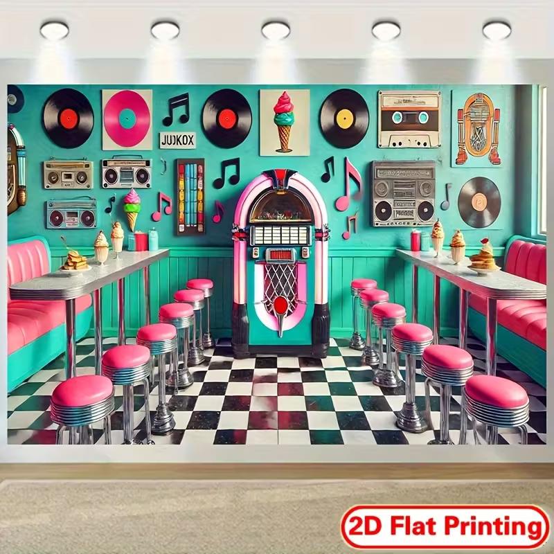 Retro 50s Diner Tapestry, Jukebox & Checkerboard Background Cloth, Bar Wall Decor