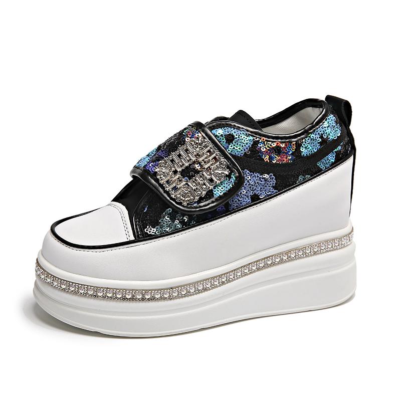 Fashion Women 8CM Platform Casual Outdoor Shoes Rhinestone Shine Decoration Sneakers Lace  Walking Sport Breathable Thick Bottom Shoes