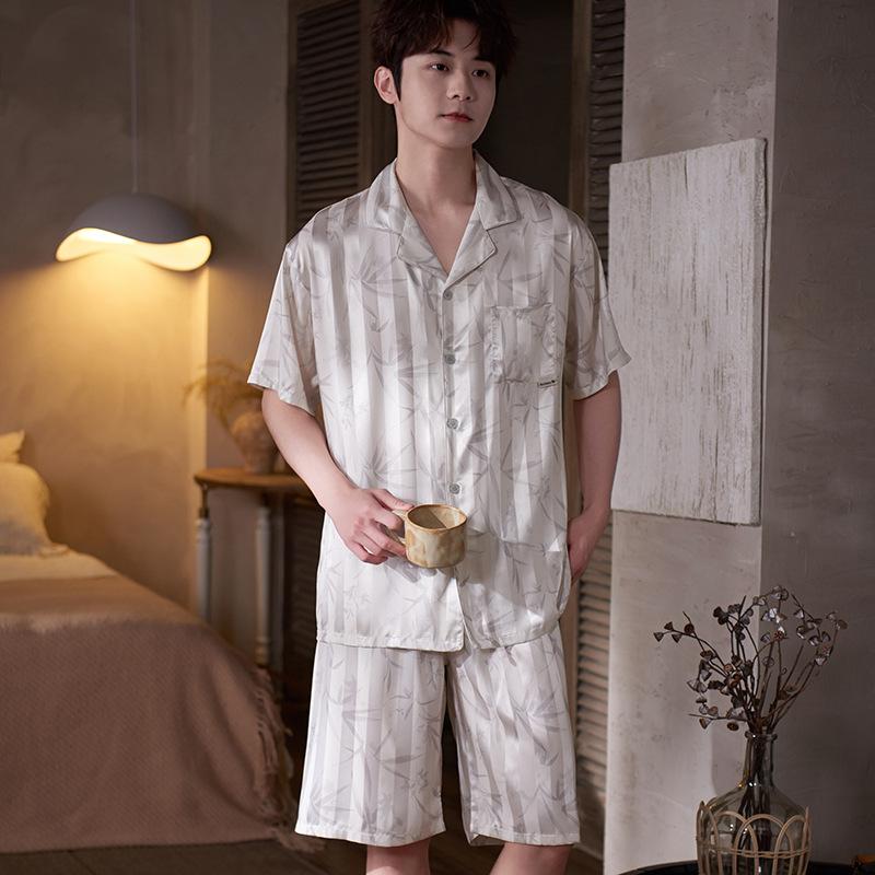 Pajamas men's ice silk summer short-sleeved shorts jacquard high-end simulation silk casual and comfortable men's loungewear suit