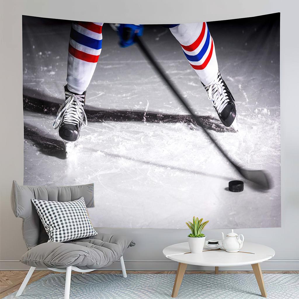 Ice Hockey Player and Puck Tapestry Modern Sport Illustration Tapestry Aesthetic Home Decor Tapestry for Living Room Bedroom
