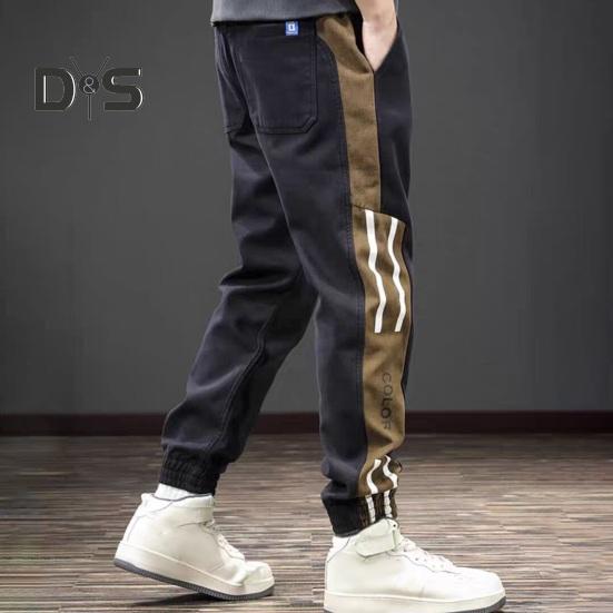 Spring Fall Men Cargo Pants Loose Drawstring Elastic Waist Pockets Ankle-banded Contrast Color Patchwork Sport Trousers Daily Wear Harem Pants