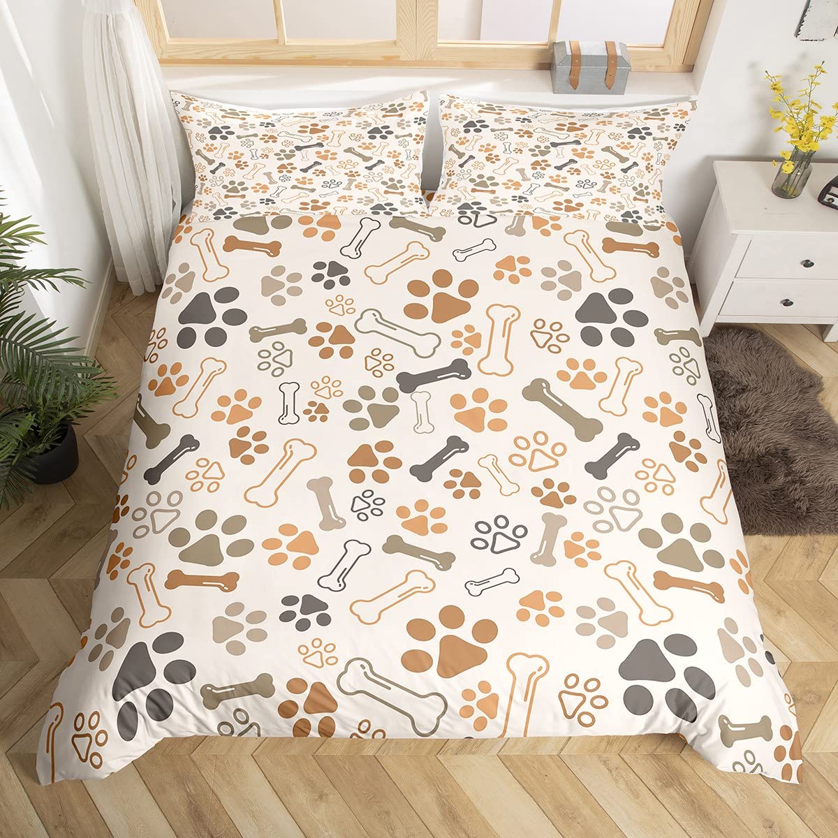 

Dog Paw Print Beding Set Twin Sized Dimensions for Children Kids Young Boys Bedrom,Pupy Bone Bed Soft Duvet Cover Set,Black White Warm Comforter Cover 100*200cm Single