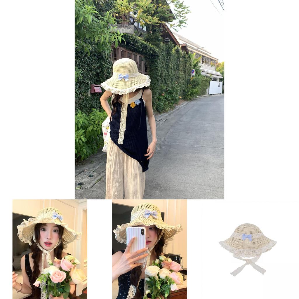 Trendy Japanese Country Style Beige Straw Fisherman Hat With Lace And Bow Detail