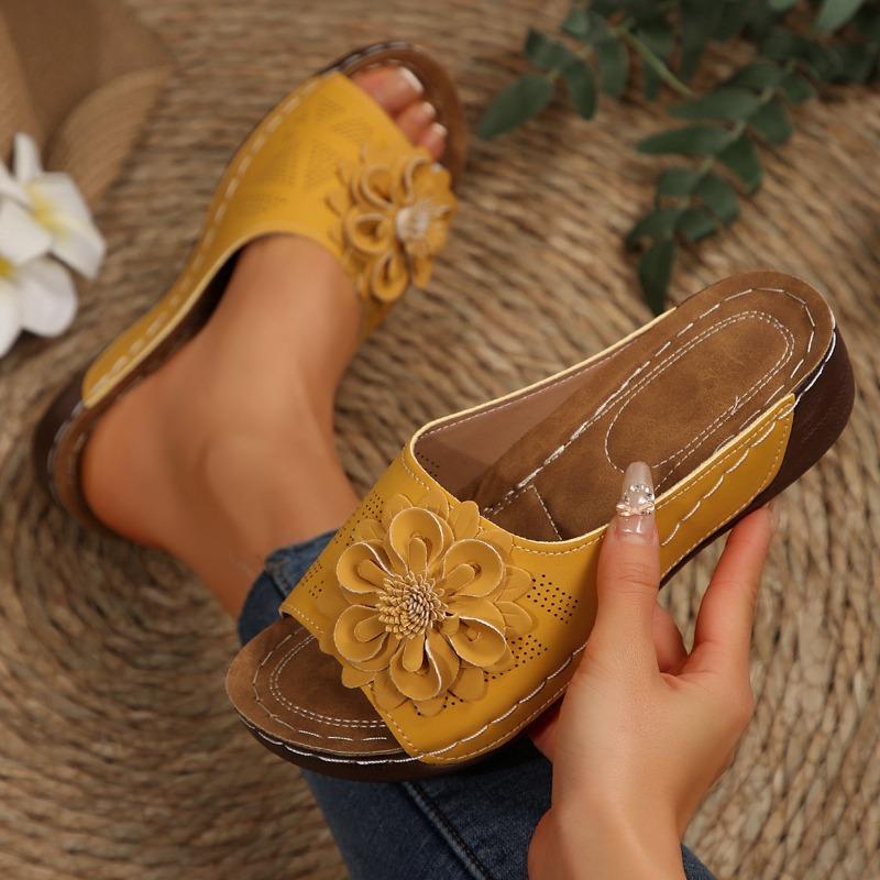 Women’s Floral Open-Toe Wedge Sandals, Large Size Summer Slip-On Slides