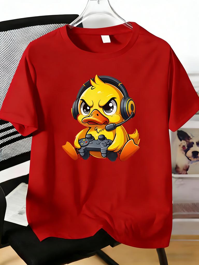 Unisex Red Round Neck Short Sleeve T Shirt Cartoon Gaming Duck With Headset Controller Print Soft Cotton Summer Casual Street Top