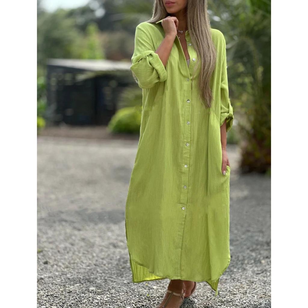 Women's Cotton Linen Long Shirt Dress Casual Fashion Long Sleeve Open Front Midi Dress