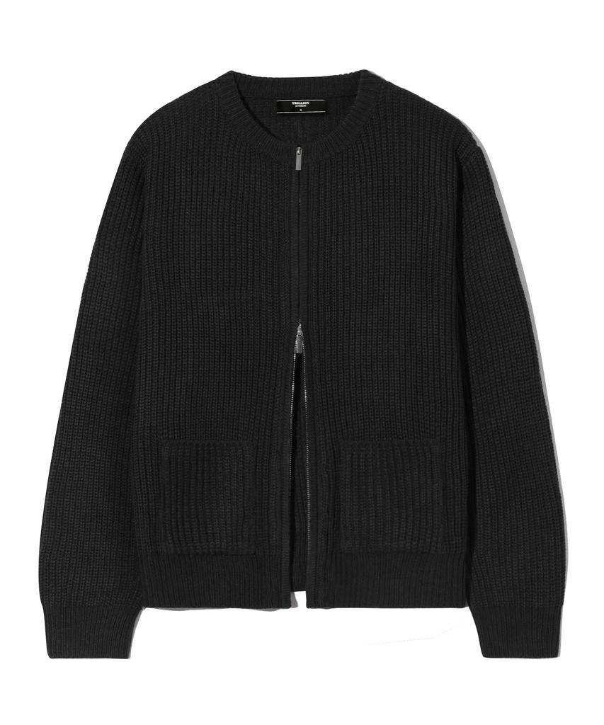 TRILLION Washable Round Neck Hacci Zip-Up Knit (Pure Black)