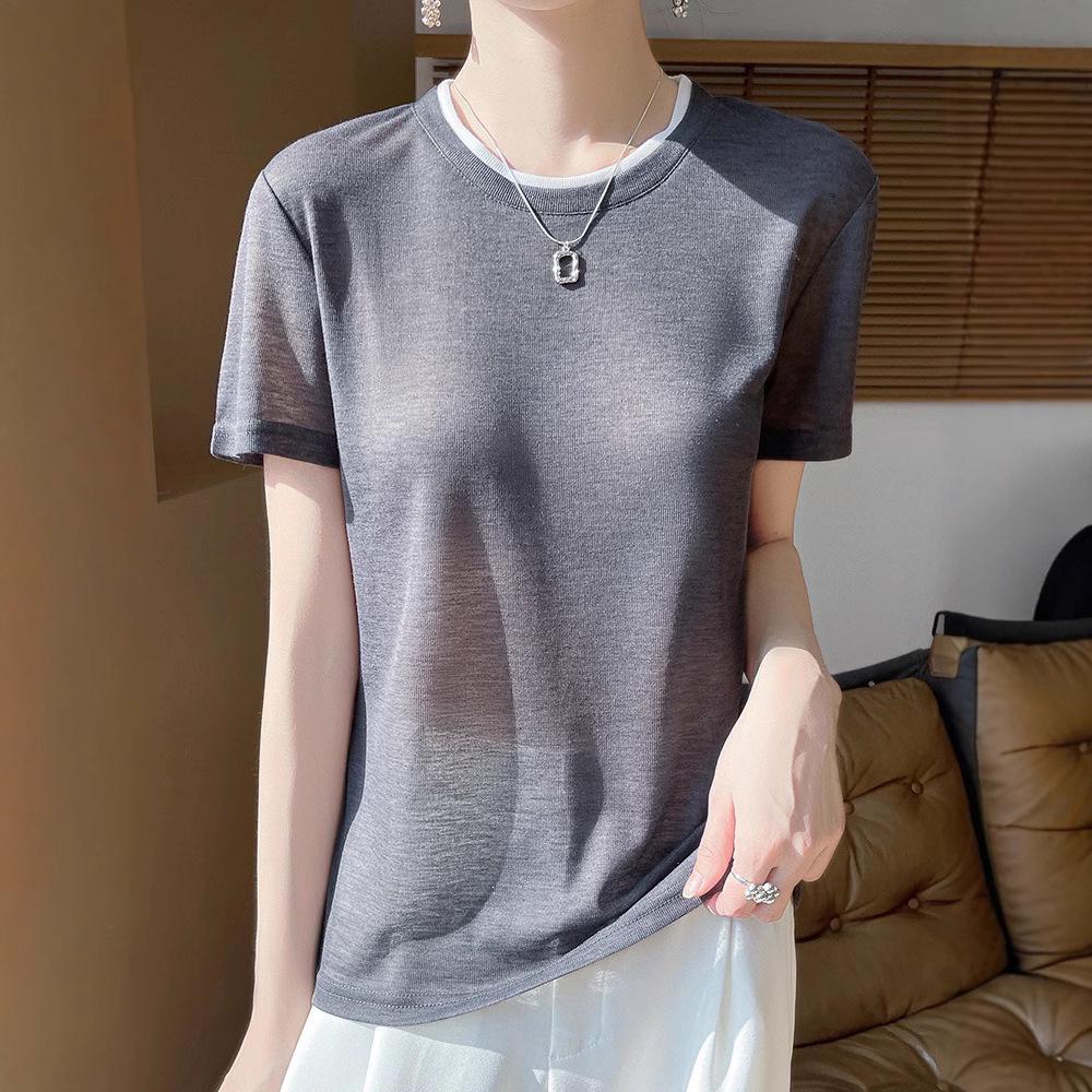 Summer Colorblock Round Neck Knitted Short Sleeve Women's Casual Top