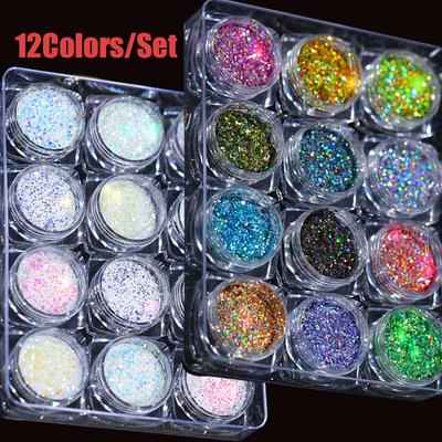 12 tarros/juego de lentejuelas holográficas de Navidad, brillo grueso colorido, lentejuelas para decoración de uñas, tamaño mixto, purpurina para manicura para niña de Navidad