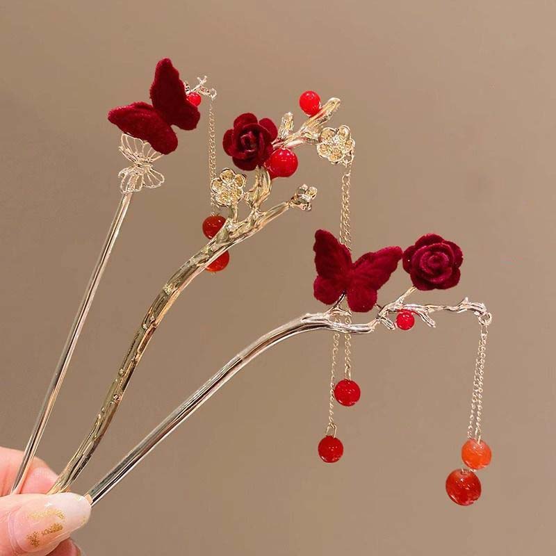 Retro Rose Hairpin For Women Chinese Style Tassel Hair Stick Pins Hair Clips Flower Handmade Hairpins Valentine's Day Headwear