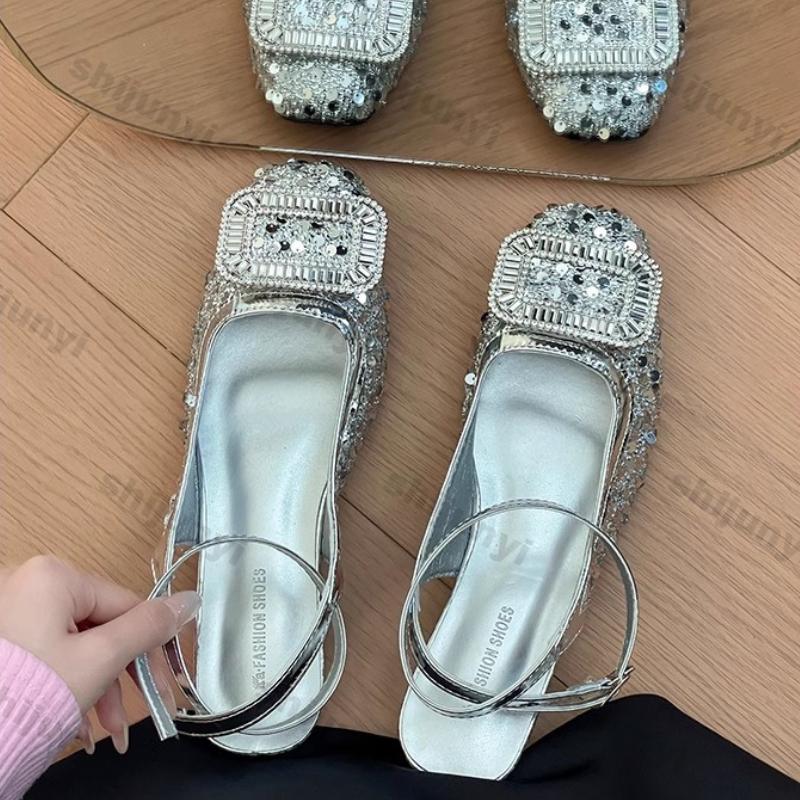 Women Summer Shoes 2025 Summer Rhinestone Round Toe Smedium Heel Sandals Non Slip Buckle Strap Dress Style Women Shoes
