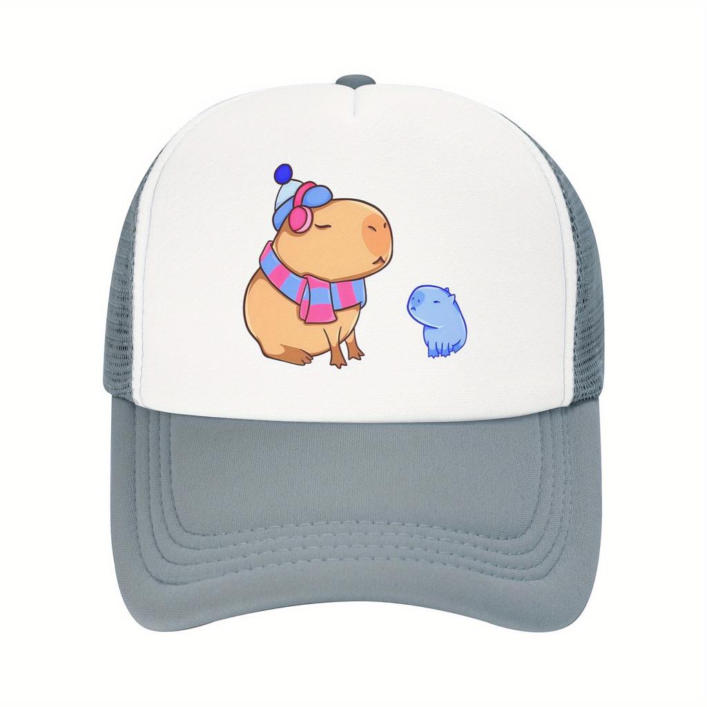 Capybara Family Print Trucker Hat Pink Mesh Breathable Adjustable Baseball Cap for Women Men