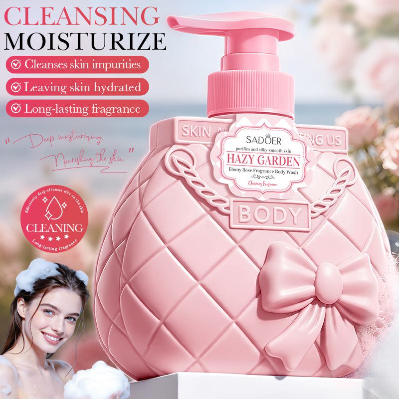 SADOER Ebony Rose Fragrance Body Wash 600ml, Cute Pink Purse Bottle Moisturizing Shower Gel with Niacinamide & Citric Acid for Long-Lasting Scent