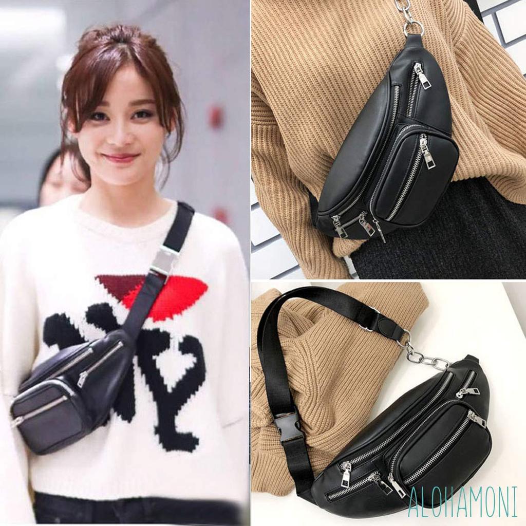 ALOHAMONI Body PU Leather with Large Ample Shoulder Slim and Suitable for Men and Women 3-Way Bag/Waist Bag/Fastener, Chain, Lightweight, Capacity,