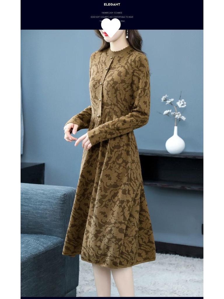 Autumn Winter 2025 High Neck Patterned Long Knit Sweater Dress