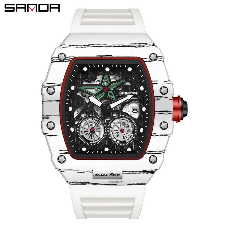 Sanda Men s Zebra Pattern Barrel-Shaped Watch: Trendy Skeleton Design with Calendar, Casual Quartz Timepiece