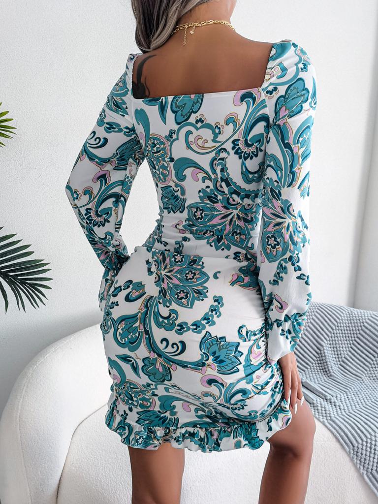 Women's New High Waisted Sexy Dress In Autumn  Long Sleeved Short Skirts  Printing Temperament Bag Hip Dress