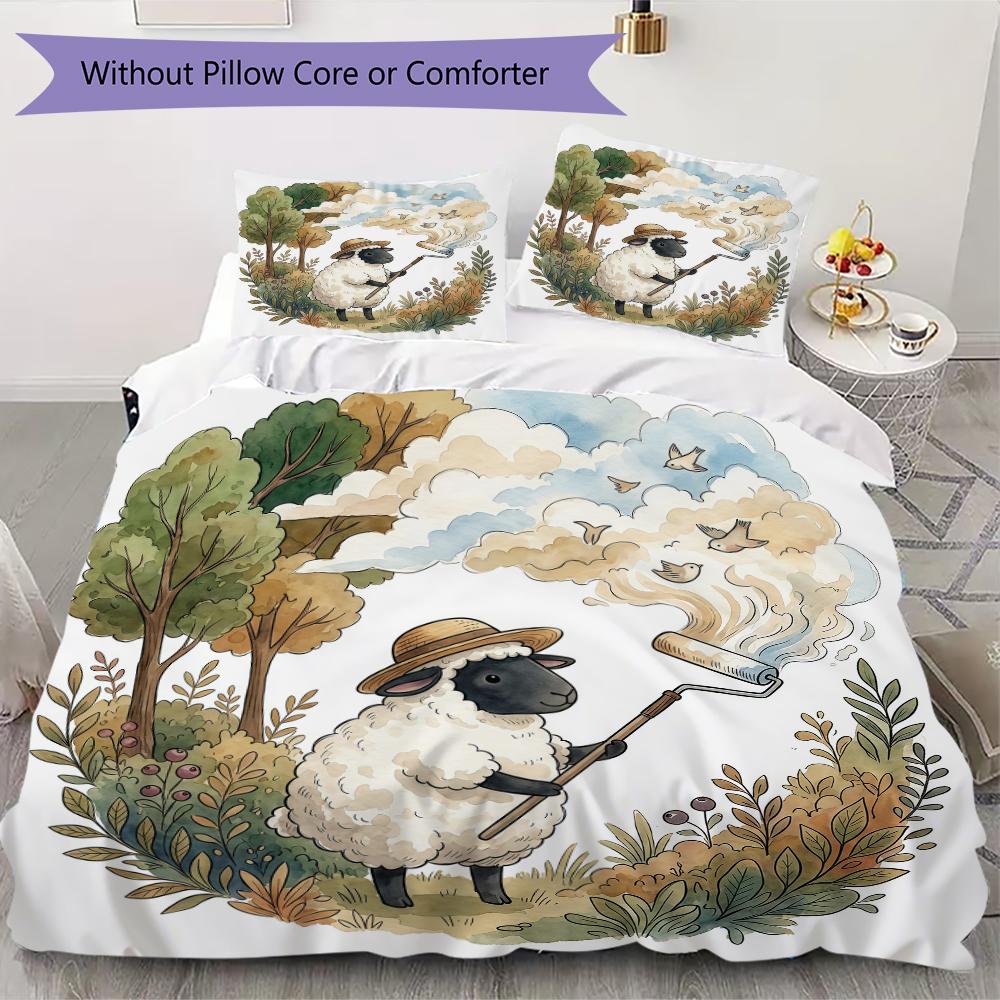Rural Story Sheep Pattern Bedding Uilt Set Uilt Cover Pillowcase Home Decoration Birthday Gift (1 * Duvet Cover + 2 * Pillowcase Without Core)