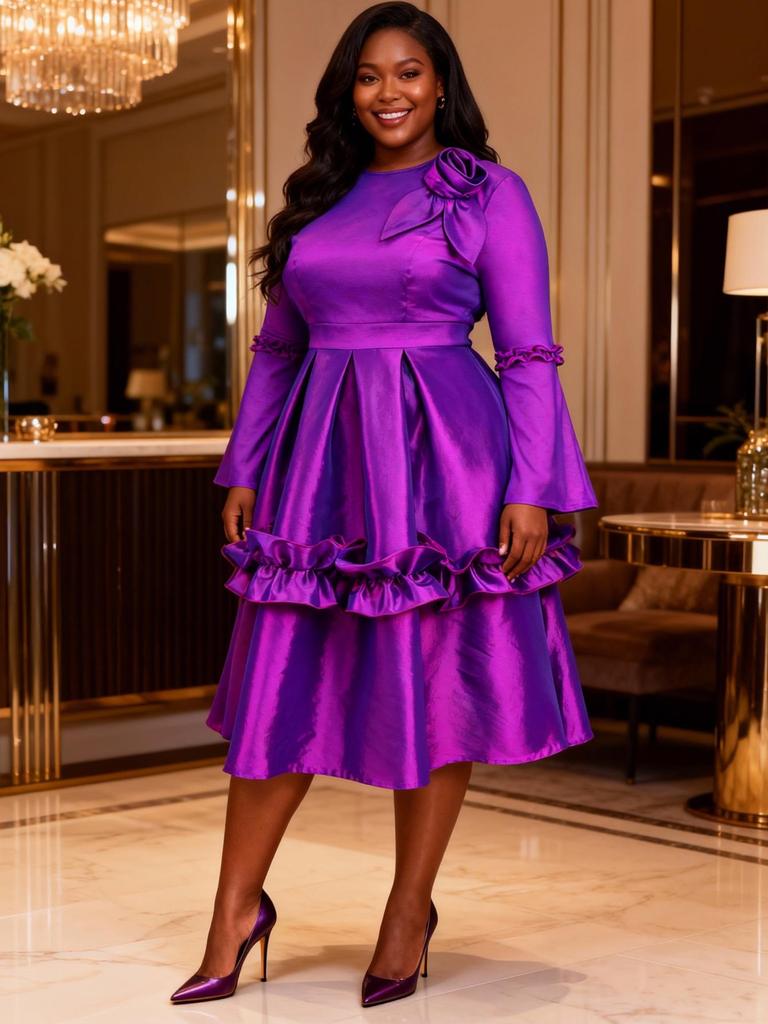 Elegant Plus Size Women's 3D Floral Ruffle Sleeve Dress