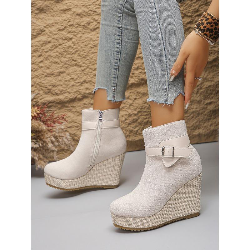 Bottes Courtes Fashion Plateformes Épaisses Automne pour Femmes, Fermeture Éclair Latérale, Boucle de Ceinture, Style Compensé Daim, Disponibles En Grandes Tailles.