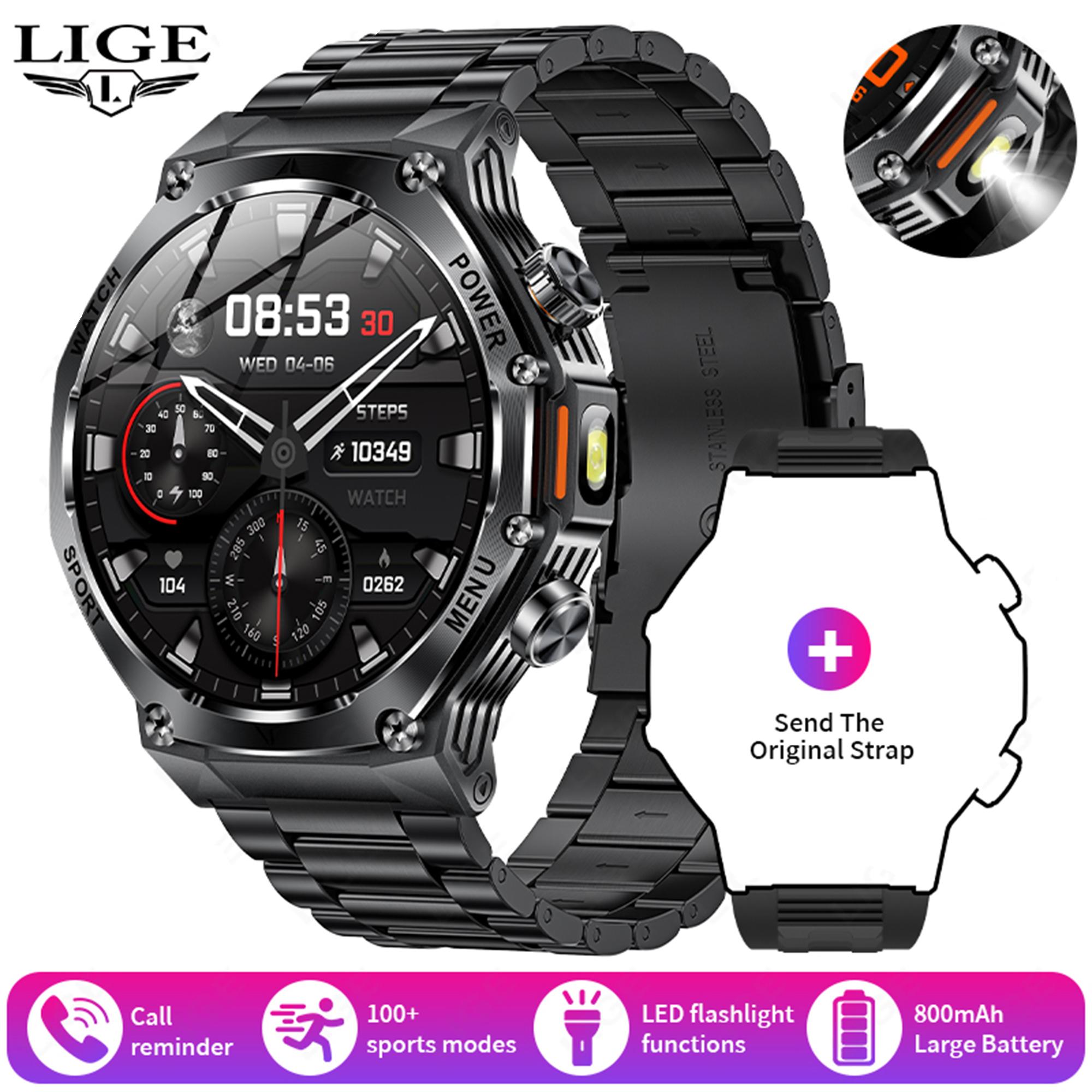 

LIGE 2025 Новые мужские умные часы Bluetooth Calling 800mAh Большая батарея Heart Rate Blood Pressure Health Smartwatch для Android IOS steel-strap чёрный