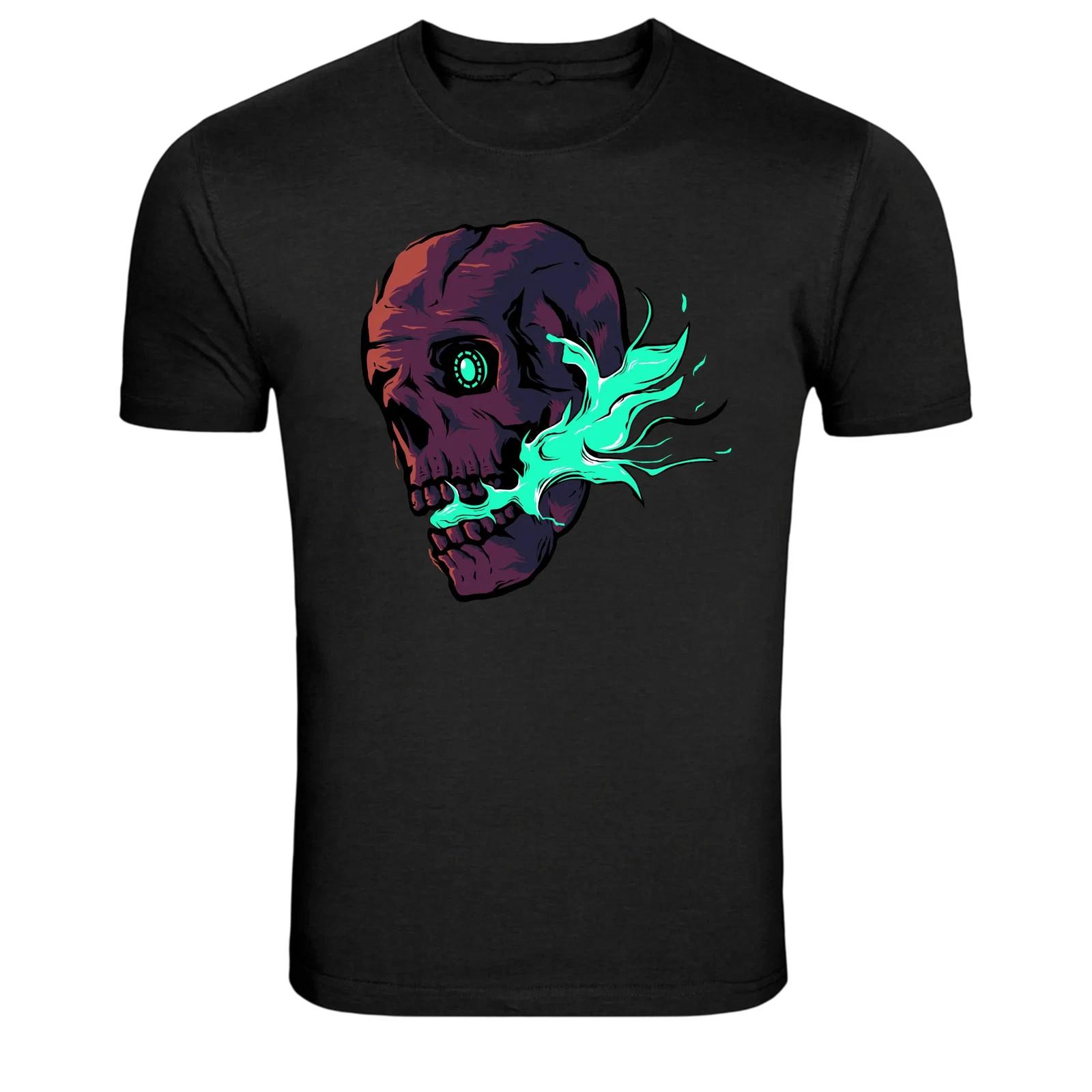 Cyber Skull Neon Flame SciFi Graphic T-Shirt XL