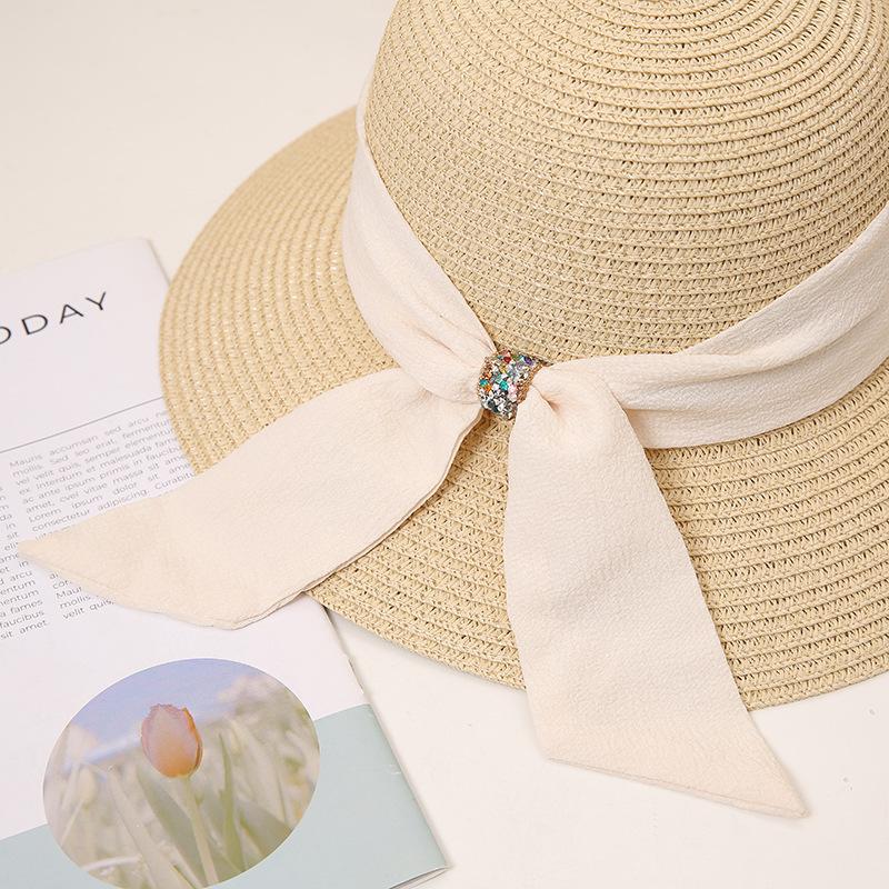 Women's Wide Brim Straw Sun Hat with Elegant Black Bowknot, Solid Color Beach Hat for Summer Travel, Classic Outdoor UV Protection