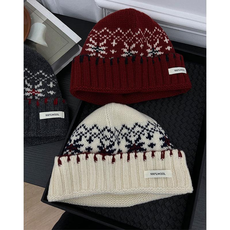 All Wool Fair Island Jacquard Hat for Women A Retro Woolen Knitted Cold Hat with A Winter Atmosphere