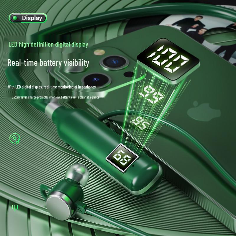 BT-7 Wireless Bluetooth Sports Neckband Earphones with Card Slot, Digital Display & Noise Cancelling - Black