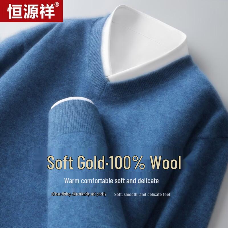 Hengyuanxiang Men's 100% Pure Wool V-Neck Sweater