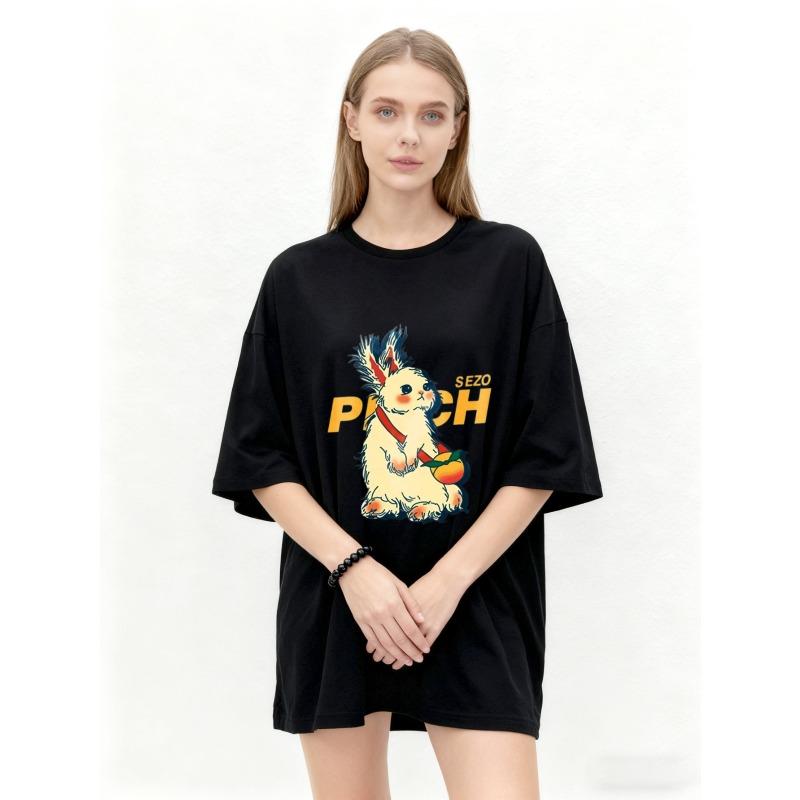 Oversized T Shirt Black Rabbit With Peach And SEZO PUNCH Graphic Print Casual Streetwear For Women