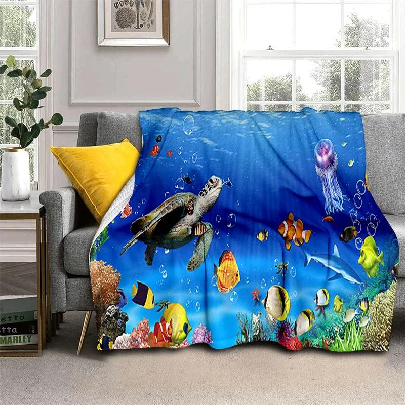 3D Underwater World Seabed Cartoon Blanket,Soft Throw Blanket for Home Bedroom Bed Sofa Picnic Travel Office Cover Blanket Kids
