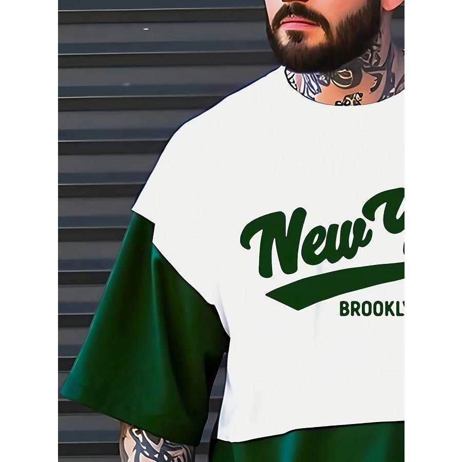 Summer 2025 new men's casual sportswear set 3D digital printed round-neck short-sleeved color block T-shirt and shorts