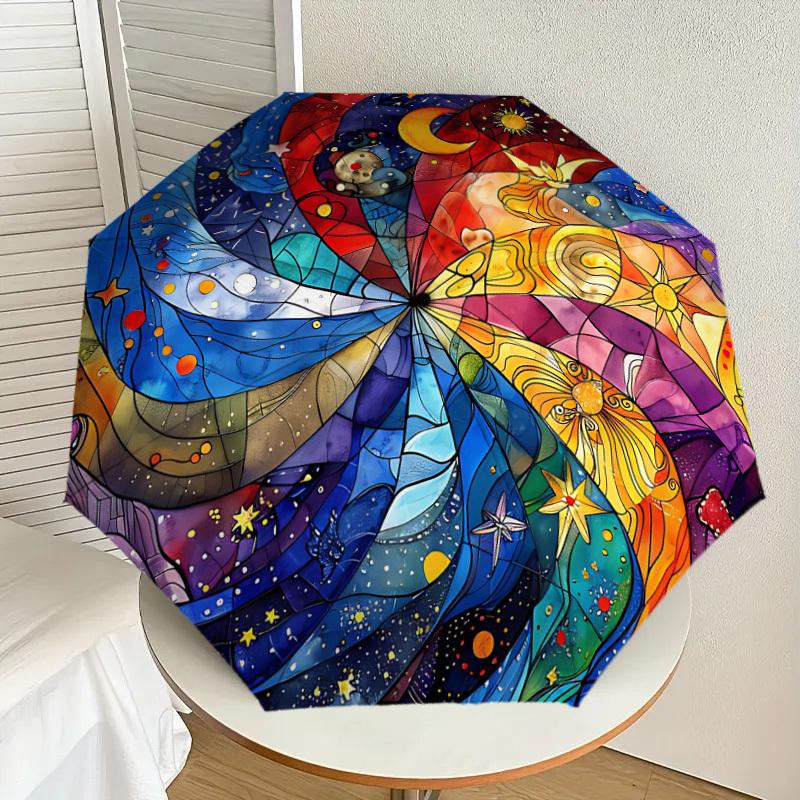 1PC Stained Glass Mandala Automatic Open/Close Umbrella with Windproof, 8-Rib Sturdy Canopy, Durable Ribs, Fashionable Design,1255A