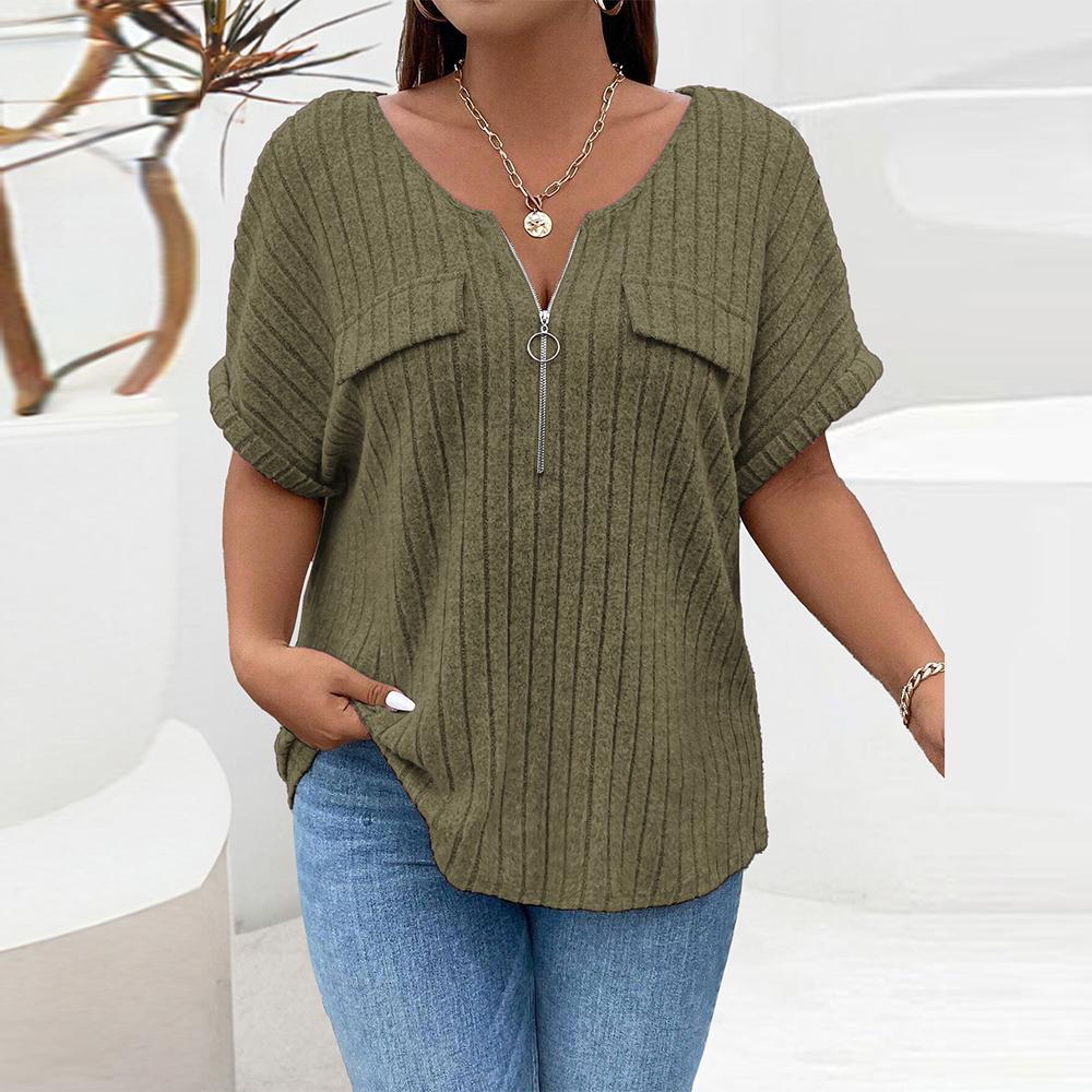 

Плюс размер XL-5XL женские топы в полоску летние повседневные футболки с круглым вырезом и коротким рукавом на молнии 1/2 с ложными карманами пуловеры женская одежда XXXL армия зеленый