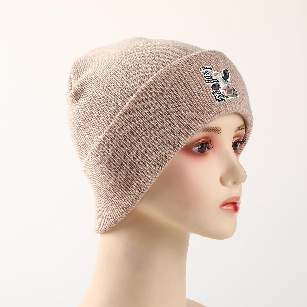 Vivid Cow Print Knit Hat Beanie, Animal Woman Cap Warm Lightweight Unisex Bonnet Knitted Cap Beanie