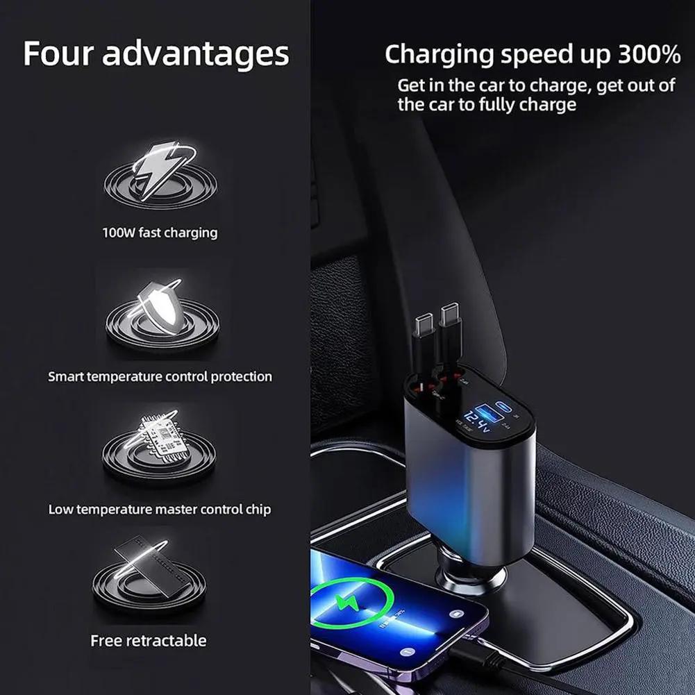 Pentru IPhone Huawei Samsung 100W 4 ÎN 1 Încărcător auto retractabil Cablu USB tip C Cablu de încărcare rapidă Adaptor brichetă X4W3
