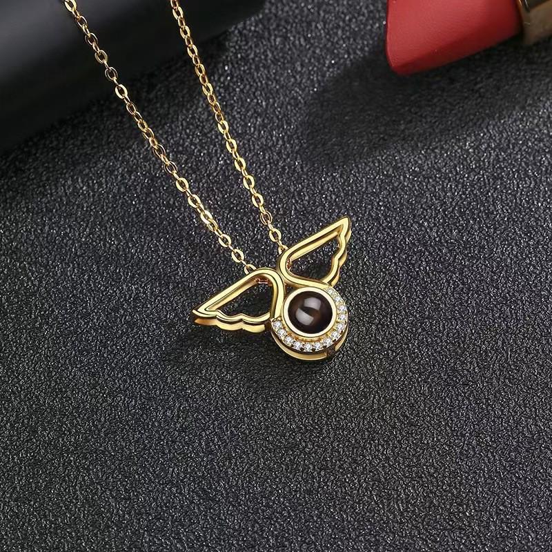 100 Languages Love Projection Necklace with Angel Wings and Photo Pendant