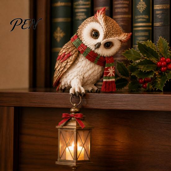 Office Desk Ornament Christmas Owl Figurine with LED Lantern, Resin Decorative Animal Sculpture, Unique Tabletop Craft Holiday for Living Room Bedroom