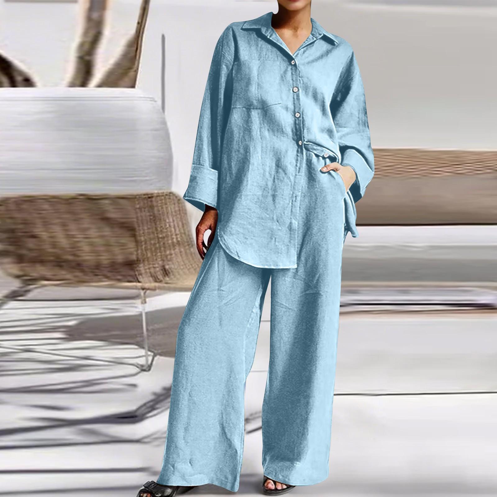 

Женская мода повседневная рубашка с рукавом девять минут свободные брюки два комплекта XL небесно-голубой