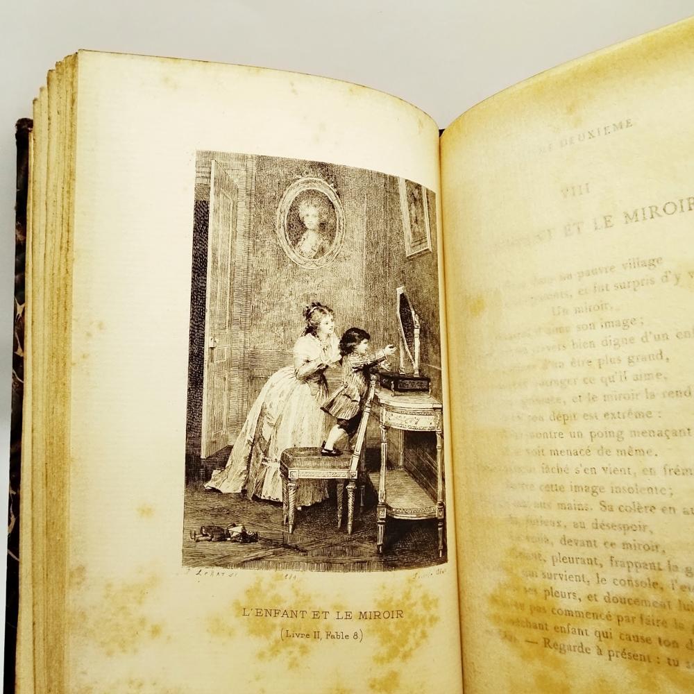 [USED] Florian's Fables, French antique book, leather spine, marbled paper, illustrations