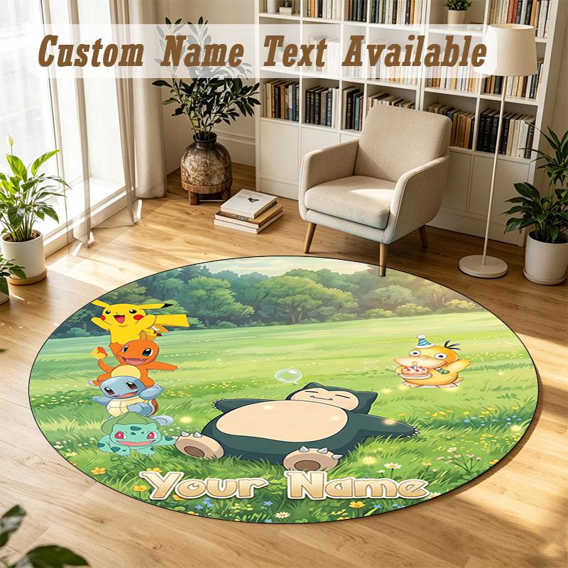 Round Rug Custom NamePokémon Pattern Non Slip Carpet Home Floor Decor