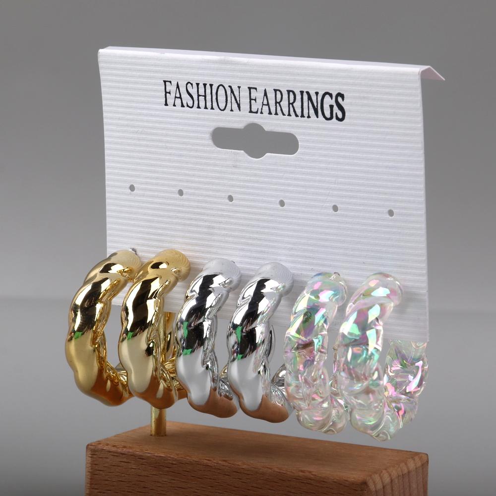 Korean 3 Pair/Set Acrylic Twisted Circle Hoop Earrings Dopamine Color Screw Thread C-Shaped Drop Earring for Women Jewelry Sets