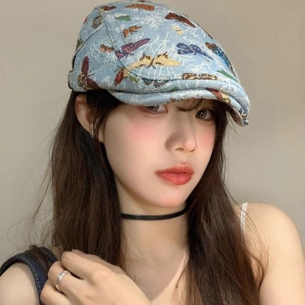 Ethnic Style Retro Newsboy Cap Reversible Design Butterfly Embroidered Beret  Spring Summer